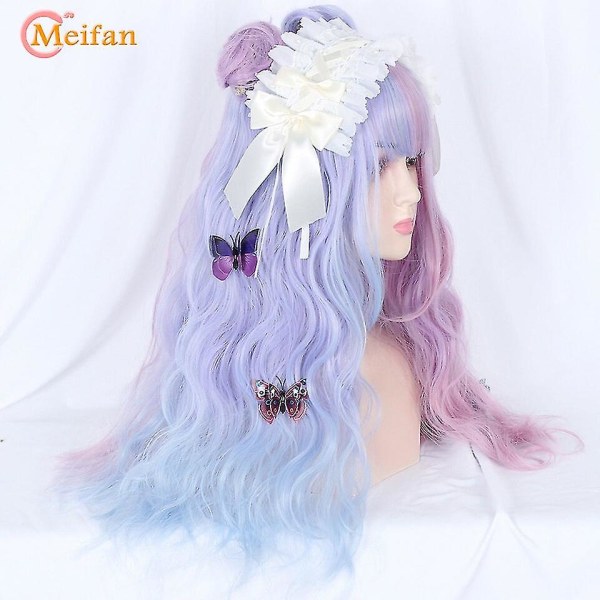 Meifan Lång Vågig Lockig Lolita Cosplay Peruk Med Lugg Ljus B
