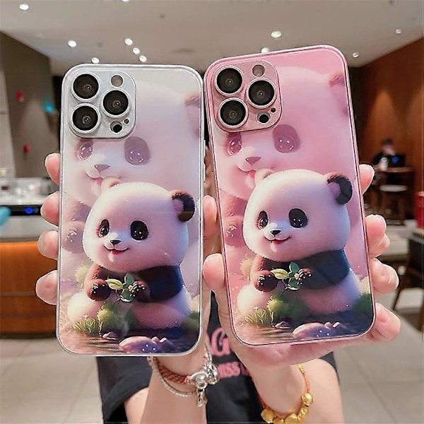 Kompatibelt för iPhone 13 Pro Sött Panda Mönster Tryck Härdat Glas+TPU Telefonfodral med Linsskydd White