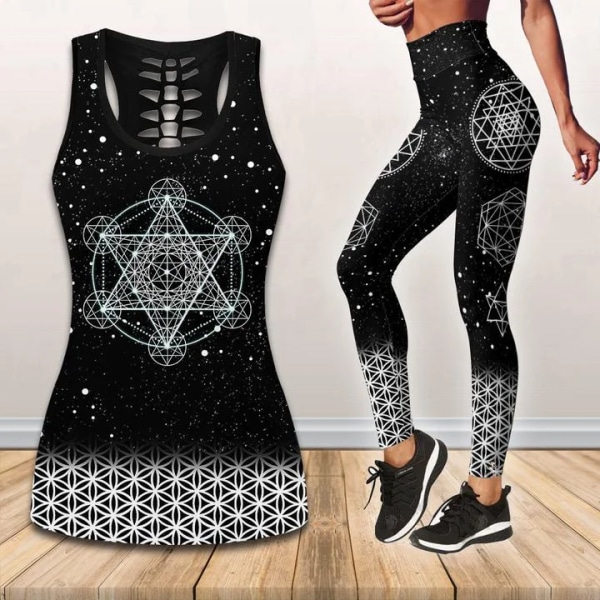 Pyhä geometrinen & Chakra & Pyhä geometria, kaikenkokoiset, kauttaaltaan painetut 3D-toppi ja leggingsit set L