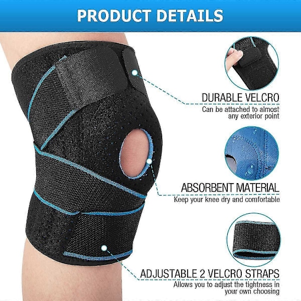Knästöd med öppen patella, gelkuddar, knäskydd med sidostabilisatorer, justerbart och ventilerande