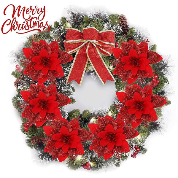 Glittriga julgransdekorationer Konstgjorda bröllops julstjärneblommor för julblommor Trädkransar Dekor Ornament (rödvin)