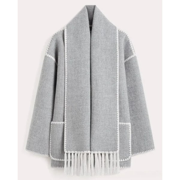 Elegant Lös Damkappa med Halsduk Mode Långärmad Ficka Enkelknäppt Damrockar 2023 Höst Vinter Damjacka Light Grey M