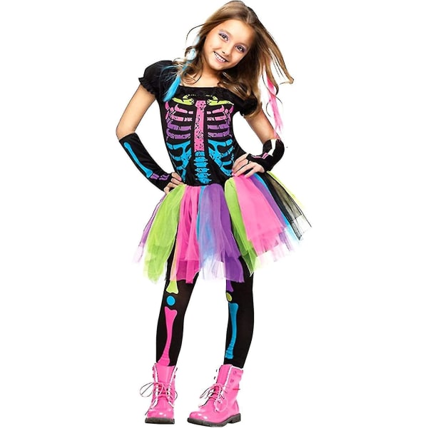 Halloween Skelettdräkt Barn Flickor - Glow In The Dark Outfit för tjejer | Halloween Dress Up, Halloween kostym för barn L