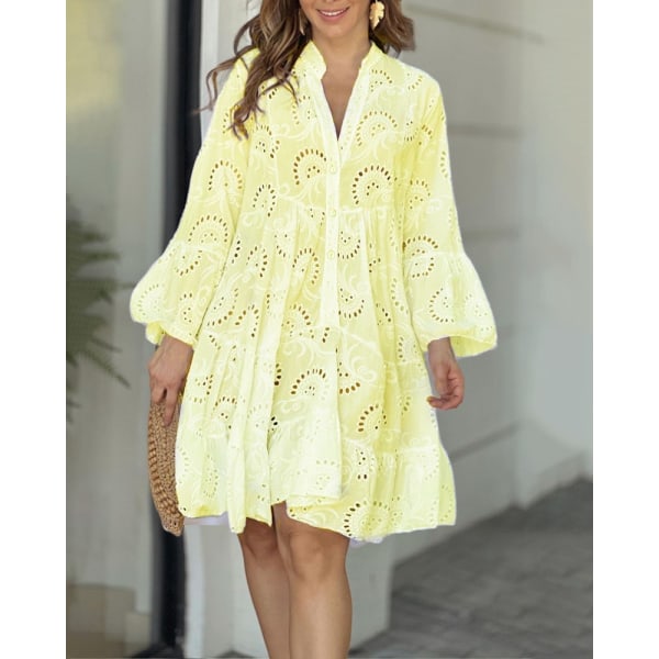 Sommer Elegant Retro Blondekjole V-hals Løs Hul Sexet Kjole Yellow XXL