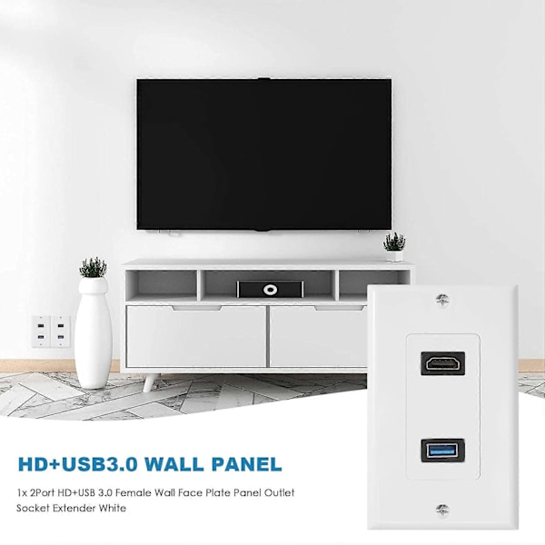 1x 2-portinen HDMI+USB 3.0 -seinäpaneelin pistorasia, valkoinen