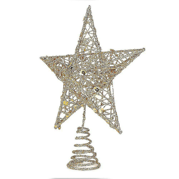Julestjerne Trætop - Guld Glitter Metal Hul Træstjerne - Til Almindelig Størrelse Juletræ 25CM