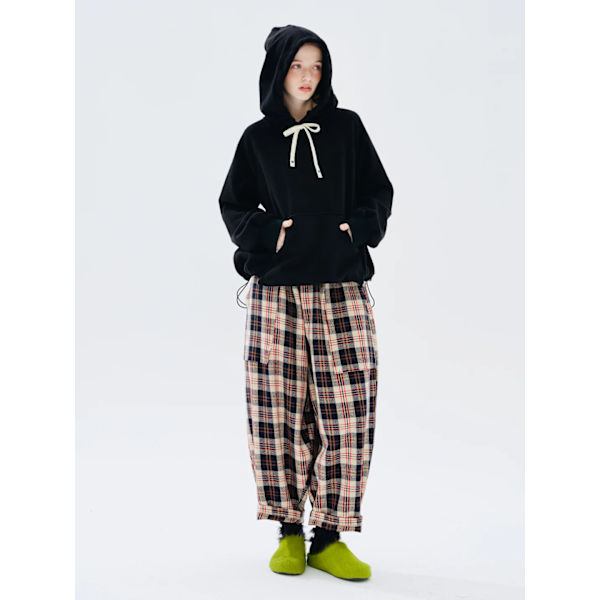 IMAKOKONI originalt design elastisk talje rødternede beskårede bukser lige ben lommebukser 234354 pants L
