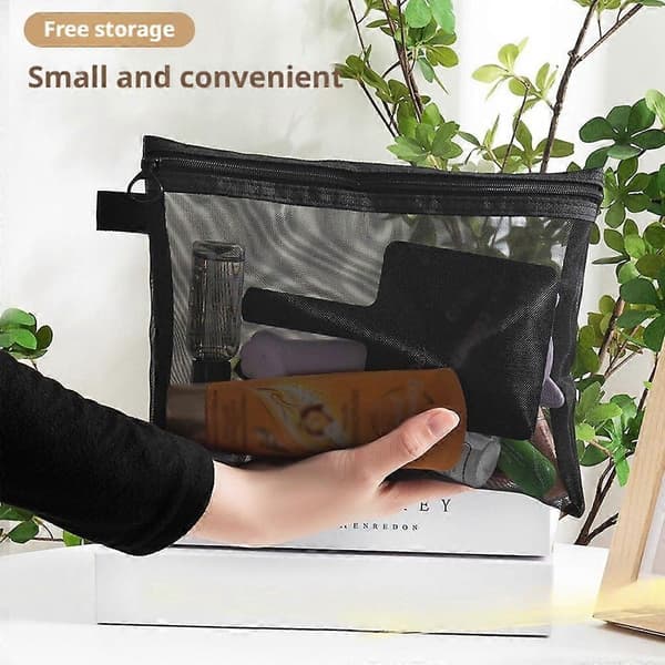 Forenklet koreansk version mesh makeuptaske, bærbar opbevaringstaske Black L