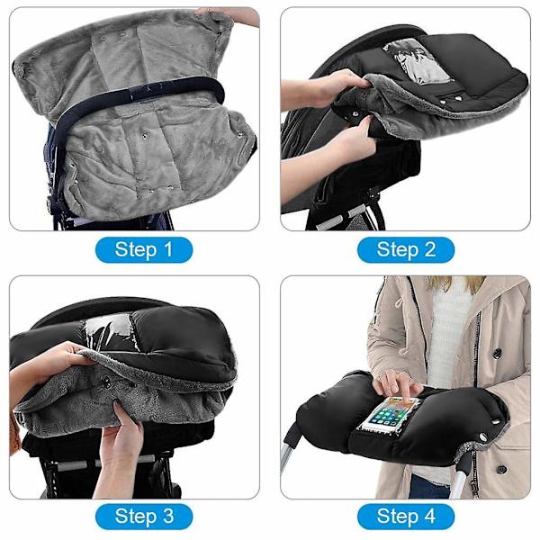 Käsienlämmitin, rattaiden käsineet fleece-sisäpuolella, käsienlämmitin puhelintaskulla, vedenpitävä ja tuulenpitävä