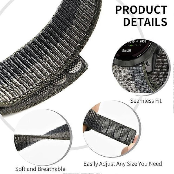 Kompatibel med Garmin Tactix 7 Pro / Fenix 7X / 6X Pro Erstatning Nylon Klokkereim 26mm Justerbar Borrelås Armbåndsrem Grey