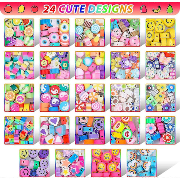 480 stk. Frugt Blomst Polymer Ler Perler, 24 Stilarter Trendy Søde Smiley Perle Charms