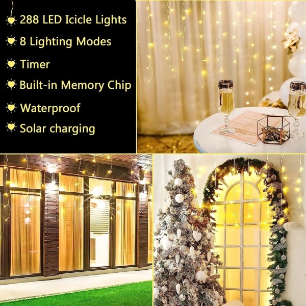 LED Solcellsdriven Istappsslinga Vattentät Juldekoration Gardinljusslinga för Sovrum Uteplats Trädgård Bröllopsfest 3M 128LED Warm White