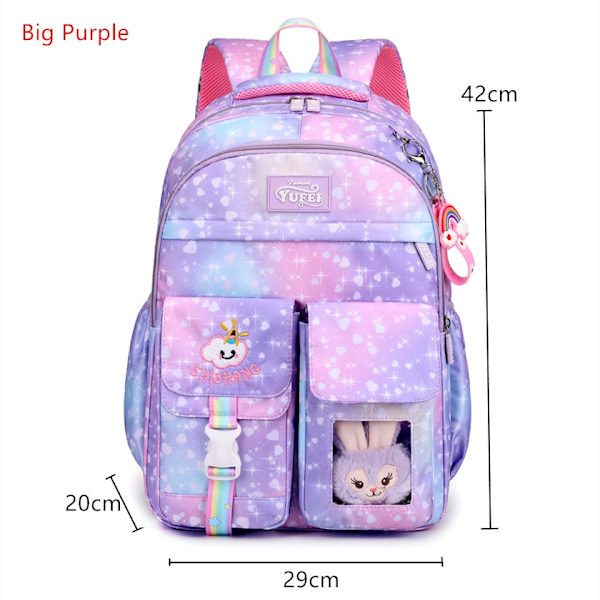 Söpö koululaukku alakouluikäisille tytöille, reppu ala-asteelle, kawaii pinkki violetti reppu tytöille, kirjalaukku lahjaksi Big Purple