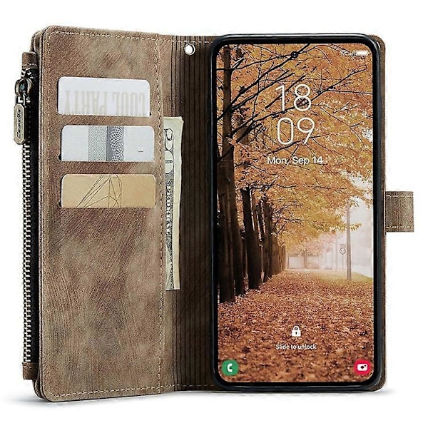 CASEME C30-serien Kompatibel med Samsung Galaxy A55 5G Deksel Glidelås Skinn Telefondeksel med 10 Kortspor Brown