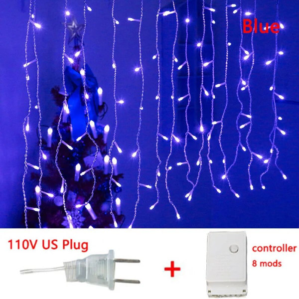 4-20M Gardin Istapp LED Ljusslinga Bröllopsfest Lampa Julbelysning Juldekoration för Hem Takfot Gatudekoration 8X0.6M 200Leds US plug Blue