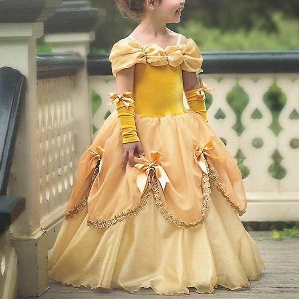 Flicka Prinsessa Belle Kostym Skönheten och Odjuret Klänningar Halloweenfest Karneval Cosplay Maskerad Yellow Embroidery 4-5Years