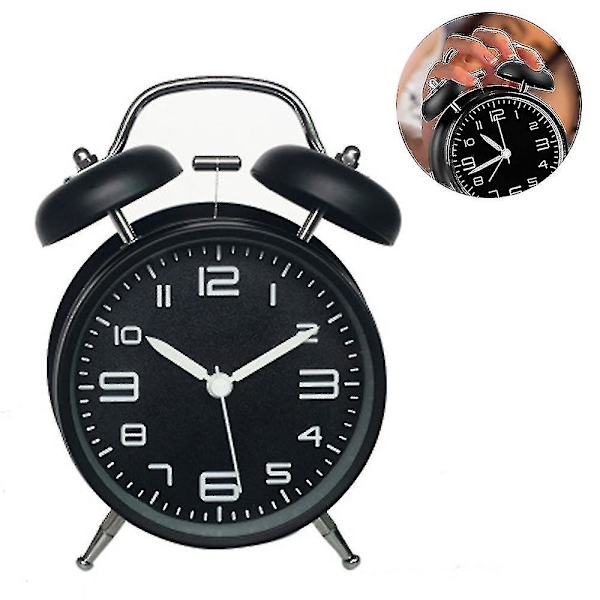Dubbel Bell Väckarklocka Med Nattlampa, Med Högt Alarm Inget Tickande Black