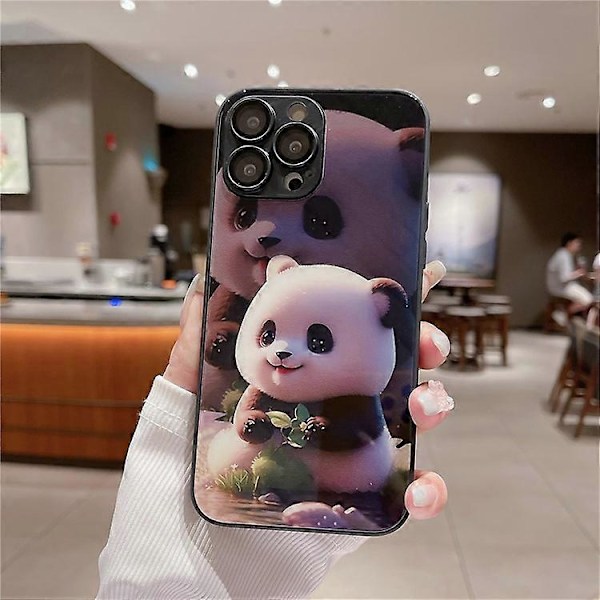 Kompatibelt för iPhone 13 Pro Sött Panda Mönster Tryck Härdat Glas+TPU Telefonfodral med Linsskydd Black