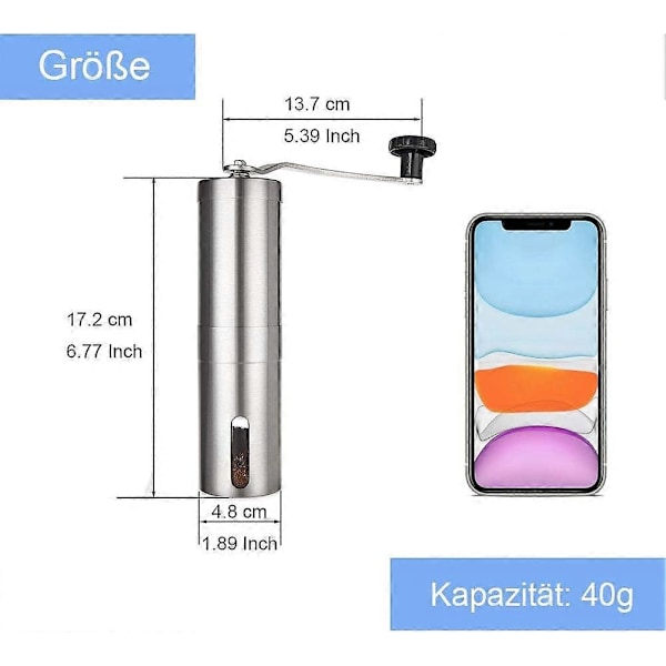 Manuaalinen kahvimylly ruostumattomasta teräksestä, 40 g, käsikäyttöinen kahvimylly keraamisella jauhimella ja säädettävällä