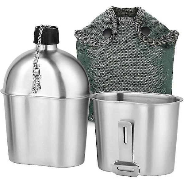 Militär Fältflaska Kit 2st 1000ml 600ml Rostfritt Stål Militär Fältflaska Kopp Set Med Överdragsväska För Utomhus Camping Vandring Backpacking