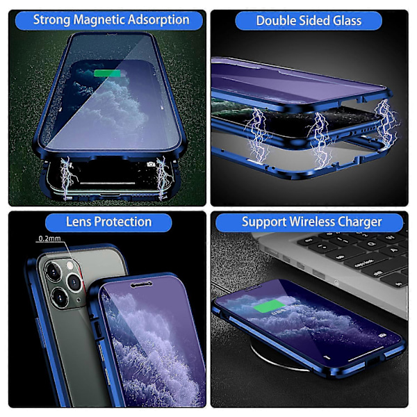 Magnetisk Etui Kompatibel med iPhone 11 Pro Max/11 Pro/11 med Skærmbeskytter Anti Blåt Lys Metal Ramme Frontglas