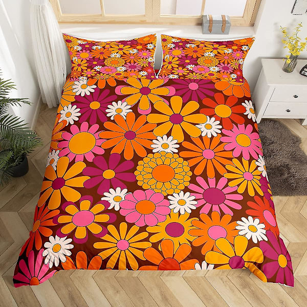 Groovy Daisy -vuodevaatesetti, king- ja queen-koot, retrokukkainen pussilakanasetti, psykedeelinen kukkakuvioinen peittopäällinen, mikrokuidusta valmistettu peitepäällinen