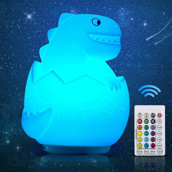 (1 pakke) Børne Natlampe LED Dinosaur Natlampe Silikone Dinosaur Lampe Elektrisk Stik med 16 Farver Genopladelig Fjernbetjeningslampe til Fødselsdagsgave, Hal
