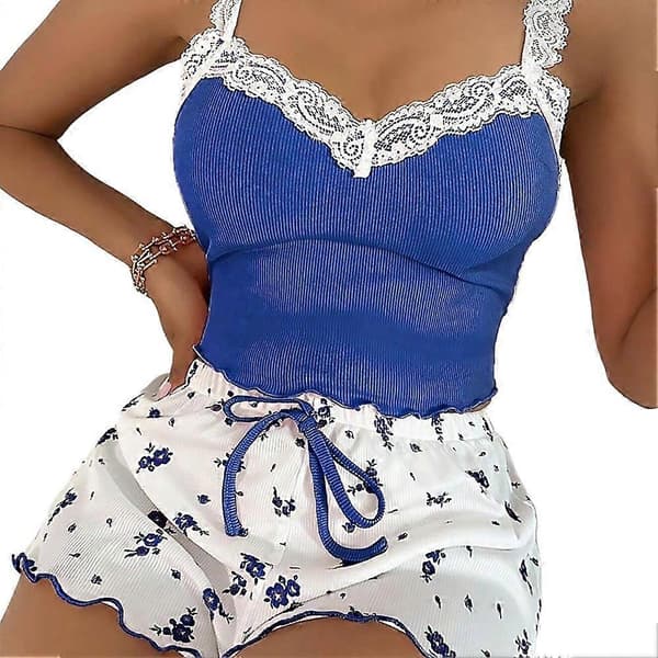 Blå blommiga spetskantade pyjamas - Ribbad stickad cami-set - Polyester BlueS S