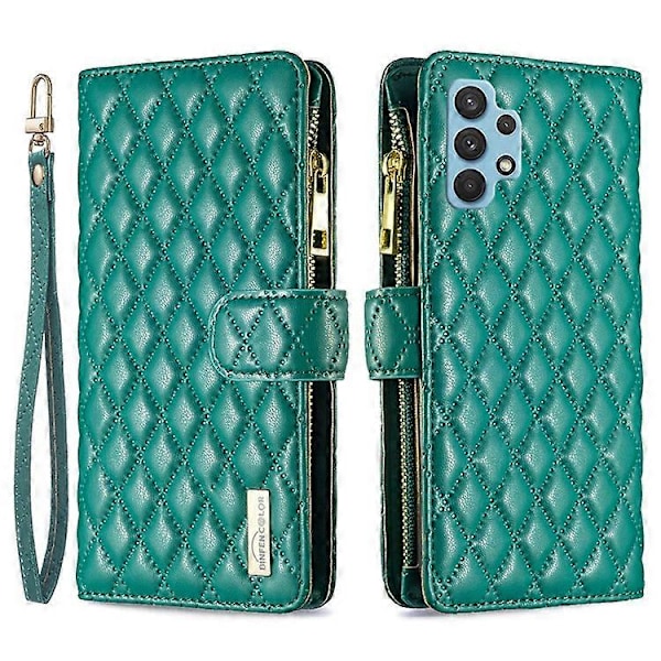 BINFEN COLOR Kompatibel med Samsung Galaxy A32 4G (EU Version) BF Style-15 Rombmönster Präglat Skyddsfodral med Dragkedja P Green