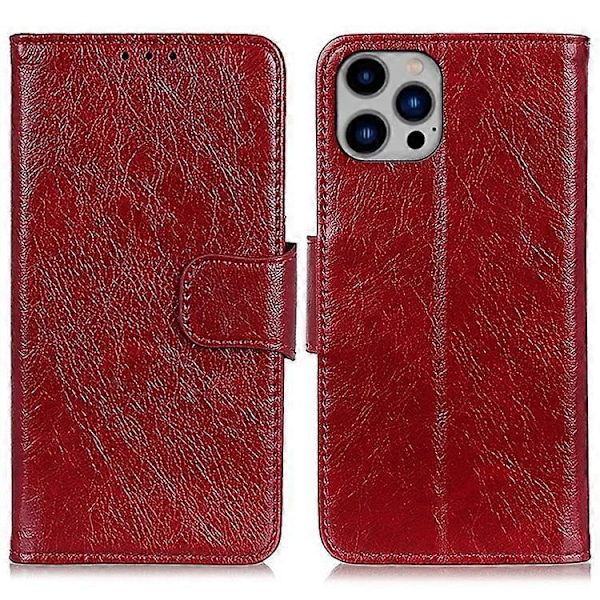 Kompatibelt För iPhone 15 Pro Delat Läder Telefonfodral Nappa Textur Stötsäkert Skal med Ställ Plånbok Red
