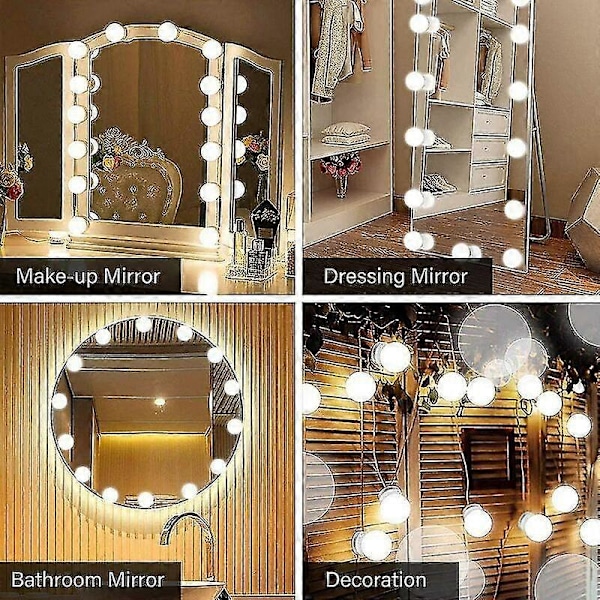 Speillyssett med 14 pærer for sminkebord, dimbart Hollywood LED-speil, USB-sminkelampe med bryter og kabel, 3 farger og 10 lysstyrker