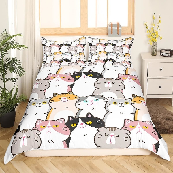 Sött Påslakanset för Barn med Katt Kung och Drottning, Tecknad Kitty Sängkläder Djur Leksak Täcke Örngott Flickig Rosa Polyester Quilt Överdrag