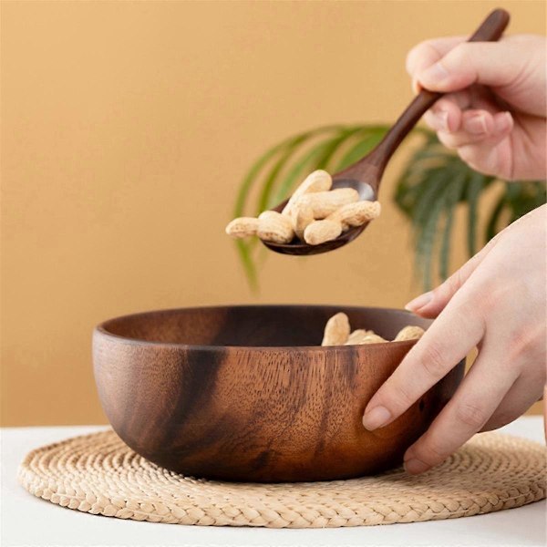Træsalatsskål Rund Dessert Display Serveringsbakker Frugt Mad Salater Snack Suppe Skål til Hjem C