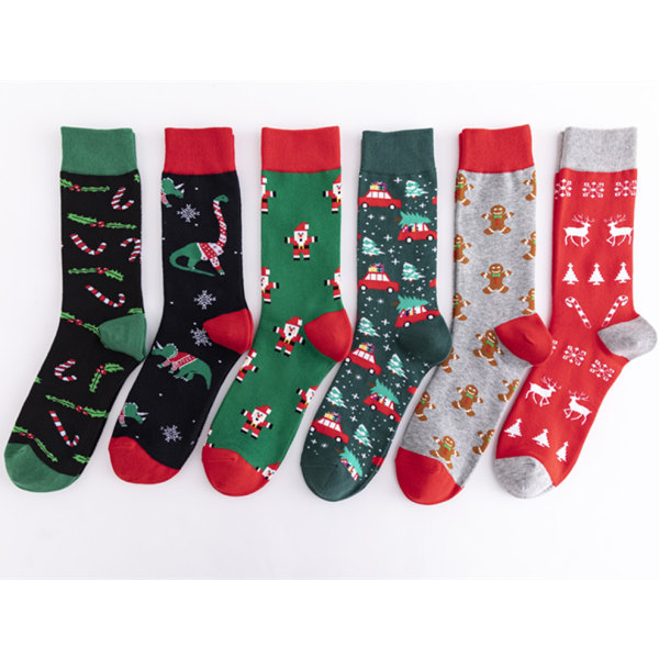 6 par medelhöga strumpor i bomull, stor storlek, juldetaljer, casual och trendiga strumpor för män