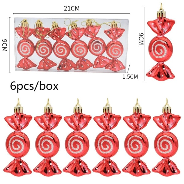 6kpl/laatikko joulukuusen riipukset galvanoidut lumihiutaleet joulupallot karkkikoristeet 2024 uudenvuoden kodin koristelu lahjat red candy A