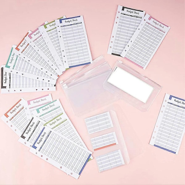 A6 Budget Organizer Binder Kontantkuvert, 60 stk. Udgifts Tracker Budgetark 6 stk. Lynlås Kontantpose