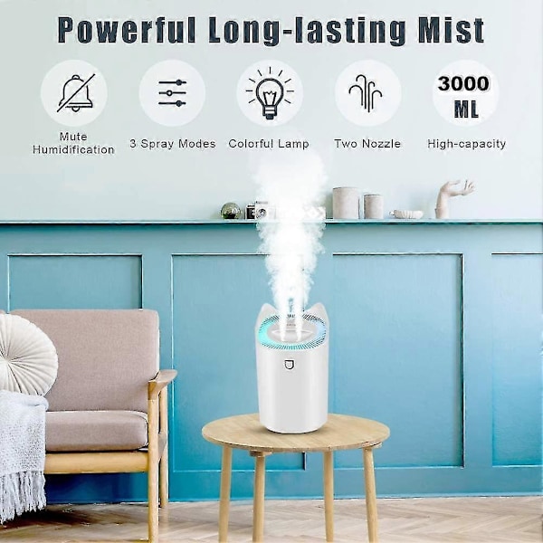 Luftfuktere, luftfukter for soverom (varer opptil 20 timer), luftfukter med fargeskiftende nattlys for baby hjemmekontor, 3 tåkemoduser, 2 dyser