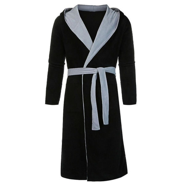 Huvförsedd Badrock för Män Mjuk Fleece Morgonrock Patchwork Nattkläder Black 3XL