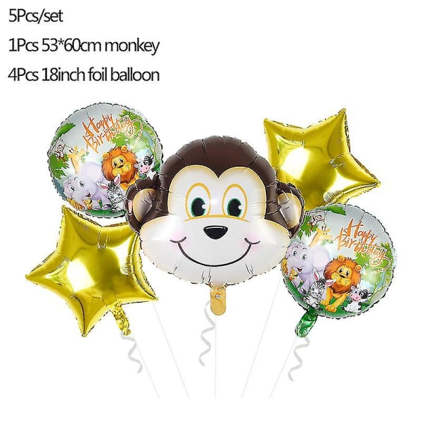 5 stk. Jungeldyr Tiger Løve Ape Zebra Giraff Ku Luft Helium Ballong Barn S monkey set
