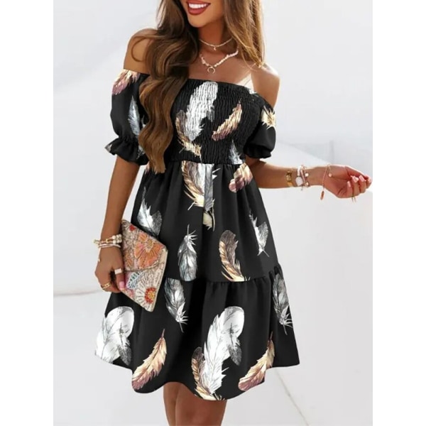 Sexet Off Shoulder Mini Kjole Kvinder Sommer Løs Boho Print Festkjole Auburn L