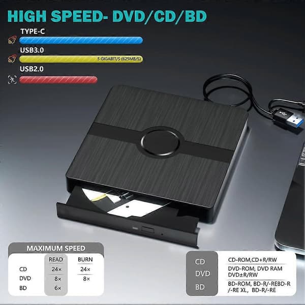 DVD-optager ultratynd, let USB Type-C bærbar C D-drev Universal