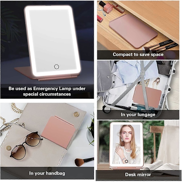 Uppladdningsbar Sminkspegel för Resor, Portabel Sminkspegel med Belysning, 3 Färglägen, Rosa