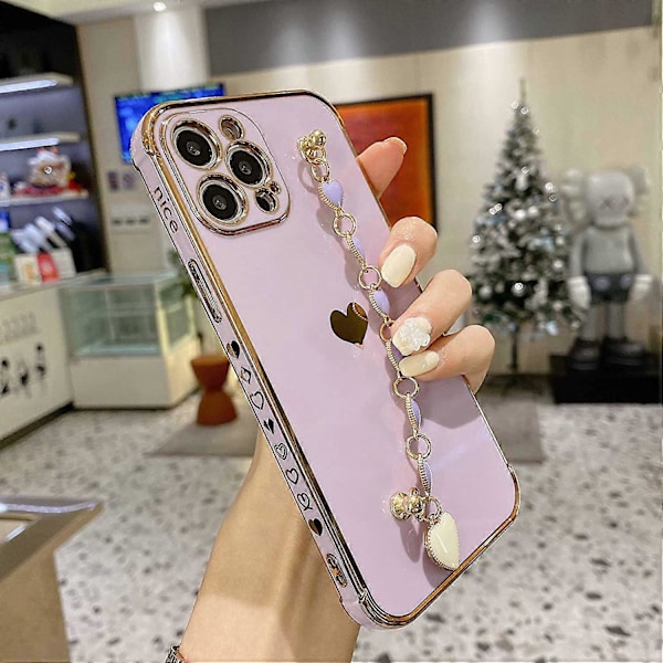 Sött iPhone 13 Pro Max Skal med Kärlekshjärta Armbandsrem, Pläterat Guldglitter Skydd, TPU Stötfångare Skyddande Mobilskal 6.7\" (Lila)