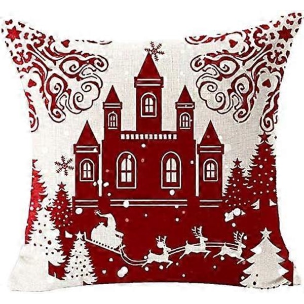 Merry Christmas Putetrekk Sett med 4 Bomull og Lin Putetrekk Vinter Jul Elg Slott Snømann Mønster Dekorasjon for Sofa Soverom Hjem
