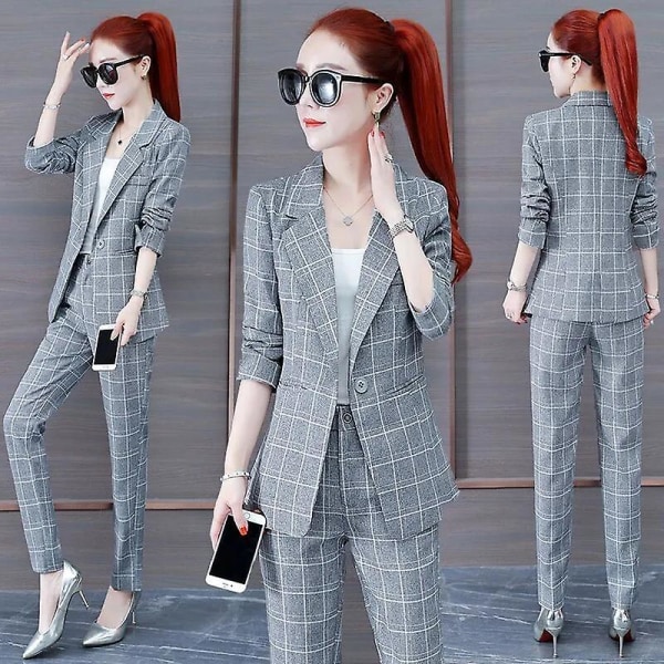 Rutig kostym tvådelad set kvinnor hösten mode koreansk slimmad kavaj jacka och byxa kostym kontor dam grey S 45-50kg