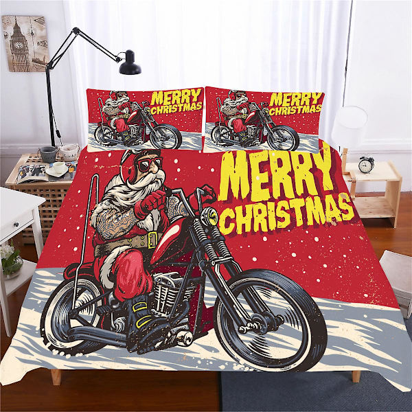 God Jul Påslakan King/Queen Size, röd Jultomte På Motorcykel Mönster Sängkläder Set 2/3 delar Polyester Täcke