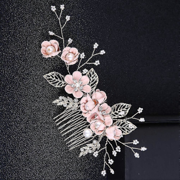 Bröllop Hårkam Strass Blomma Klämma Huvudbonad Kristall Brudhåraccessoarer (rosa)-Yvan