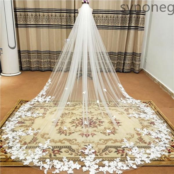 Äkta Foto 3m.4m.5m En Lager Bröllopsslöja Med Kam Vit Spetskant Brudslöjor Ivory Applikerad Katedral Bröllopsslöja Ivory 300cm