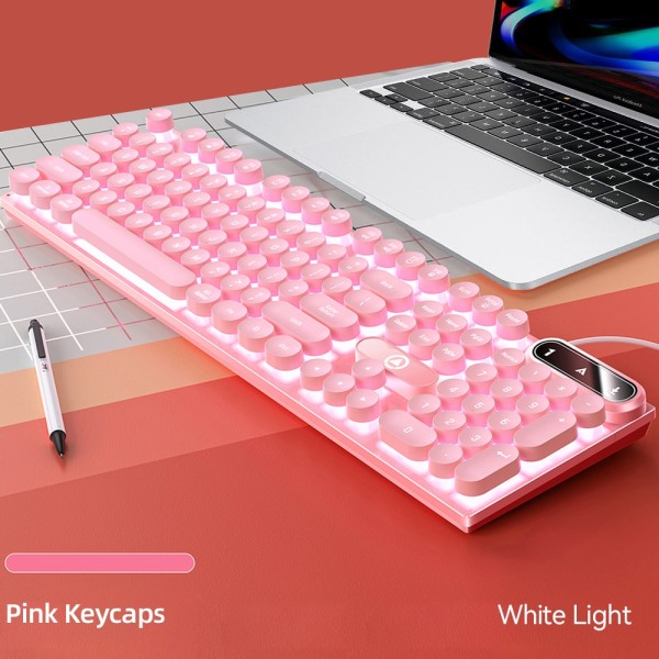 Retro Punk Rund Keycap Gaming Tangentbord Kabelanslutet RGB Bakgrundsbelyst tangentbord USB Bakgrundsbelyst Tangentbord med 104 tangenter pink