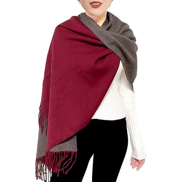 Rød+grå) Dame Kasjmir Skjerf Vinter Reversibel Pashmina Langt Stort Tykt Varmt Skjerf Med Dusker For Bryllupsgave